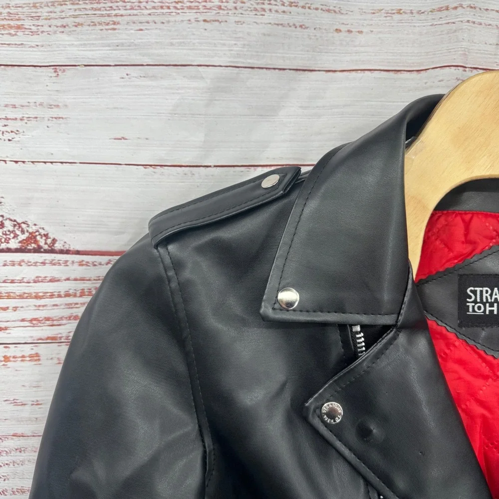 Straight to Hell Moto‎ Jacket Large Black Faux Leather Red Quilted Lined Belted